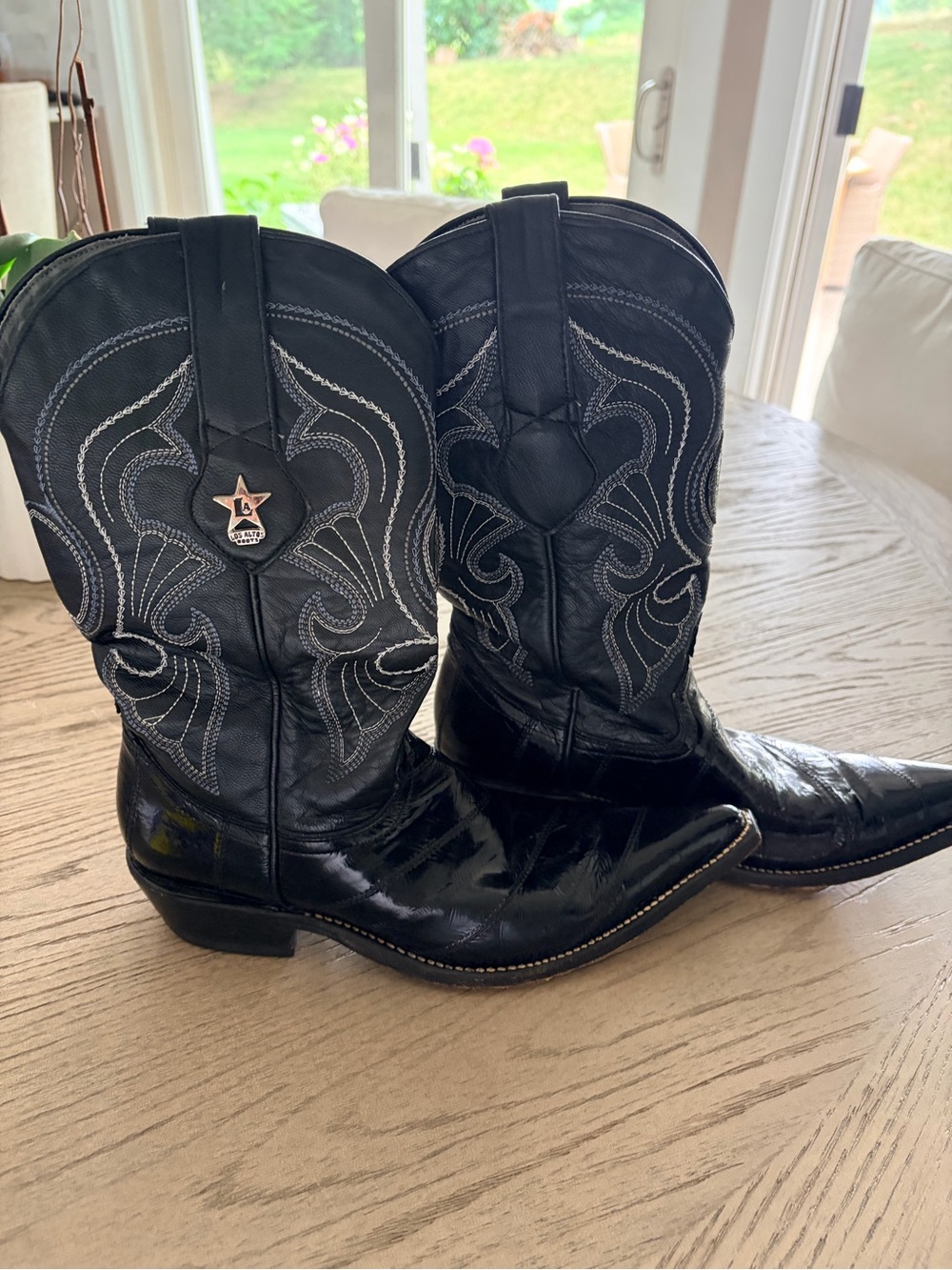 Black Western Cowboy Boots with Silver Stitching and genuine eel.